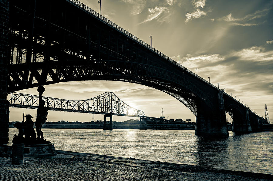 Bridges Over the Mississippi River - Saint Louis Sepia Photograph by Gregory Ballos