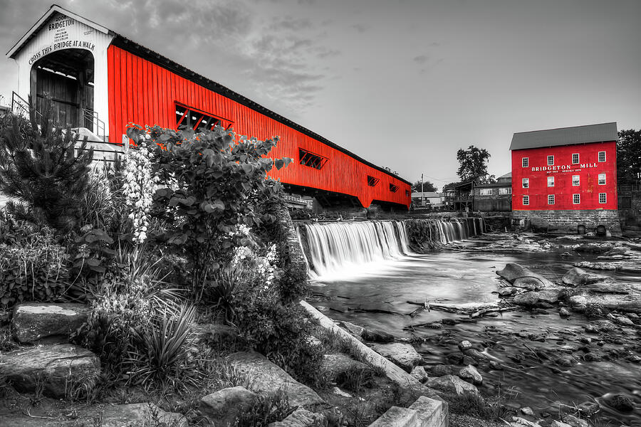 Bridgeton Covered Bridge And Mill In Timeless Red - Selective Color Photograph by Gregory Ballos Bridgeton Covered Bridge And Mill In Timeless Red - Selective Color Photograph by Gregory Ballos