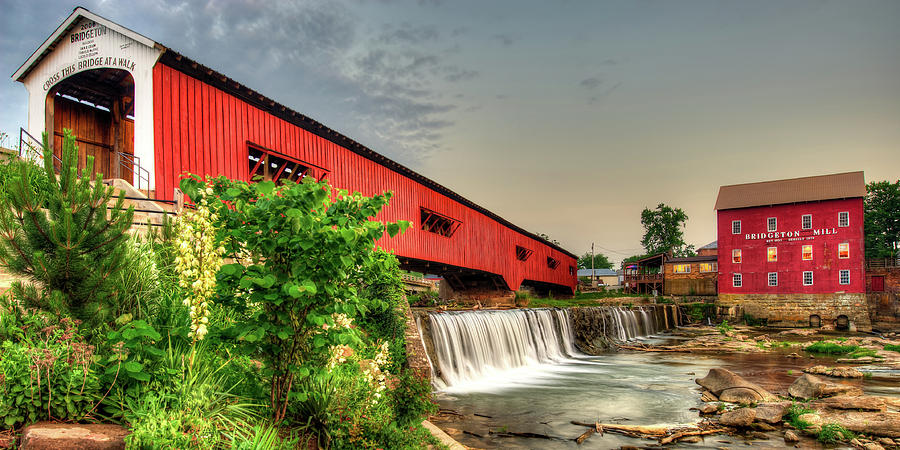 Bridgeton Indiana Mill and Covered Bridge Panorama Photograph by Gregory Ballos