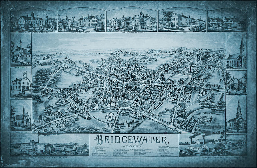 Massachusetts Map Photograph - Bridgewater Massachusetts Vintage Map Birds Eye View 1887 Blue by Carol Japp