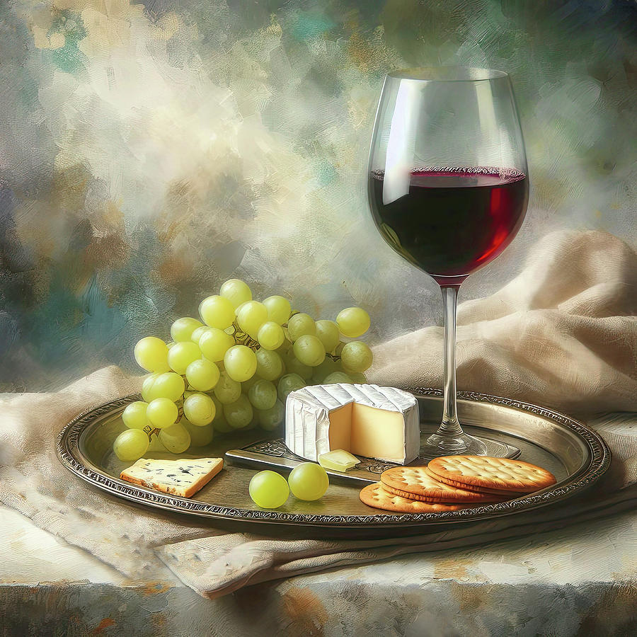 Brie Grapes And Fine Wine Digital Art by HH Photography of Florida