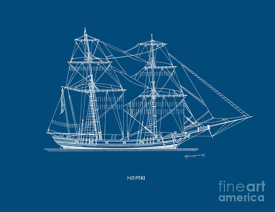Brig - traditional Greek sailing ship - blueprint Drawing by Panagiotis Mastrantonis