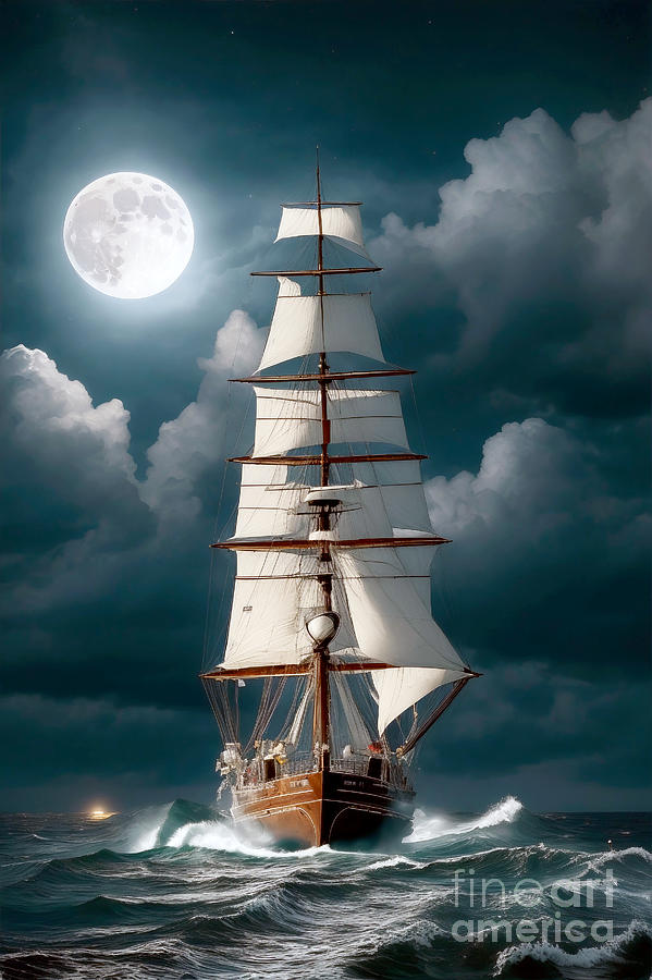 Brigantine Ship sails under the full Moon Digital Art by Maria Gaellman