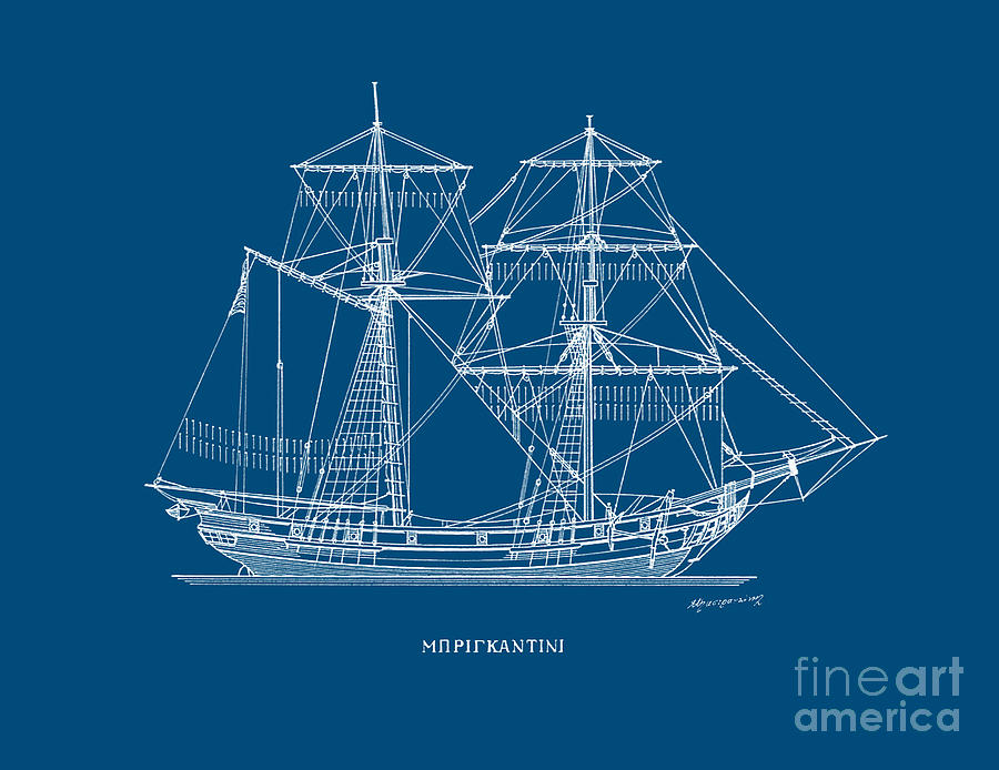 Brigantine  - traditional Mediterranean sailing ship Drawing by Panagiotis Mastrantonis