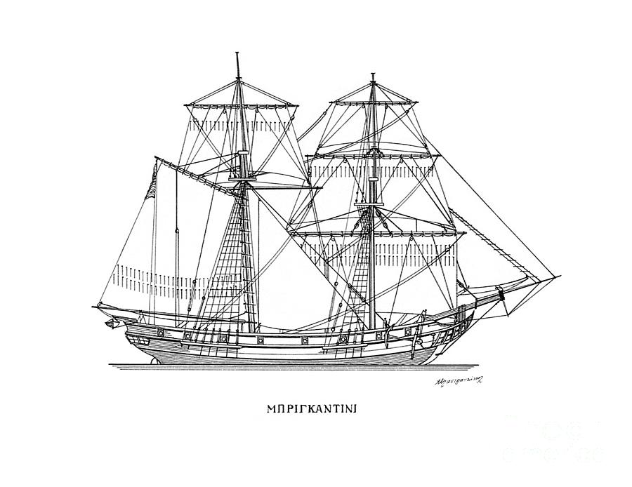 Brigantine  - Mediterranean sailing ship Drawing by Panagiotis Mastrantonis