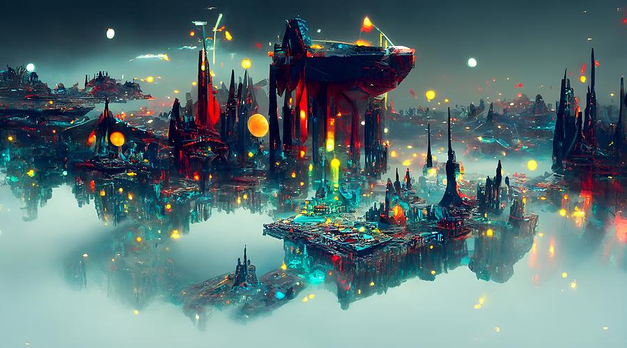 Bright And Glowing Space City At Night 02 Digital Art by Frederick Butt