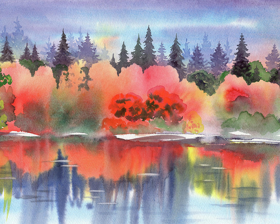 Bright And Vivid Fall Forest At The Lake Watercolor  Painting by Irina Sztukowski