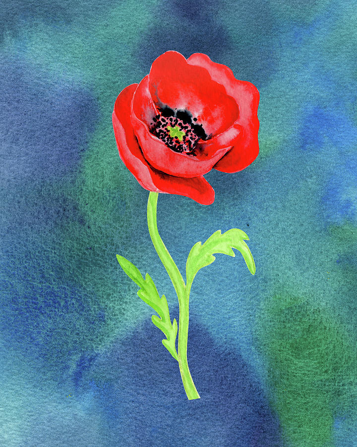 Bright Beautiful Red Poppy Flower Happy Wildflower On Blue Watercolor I Painting by Irina Sztukowski
