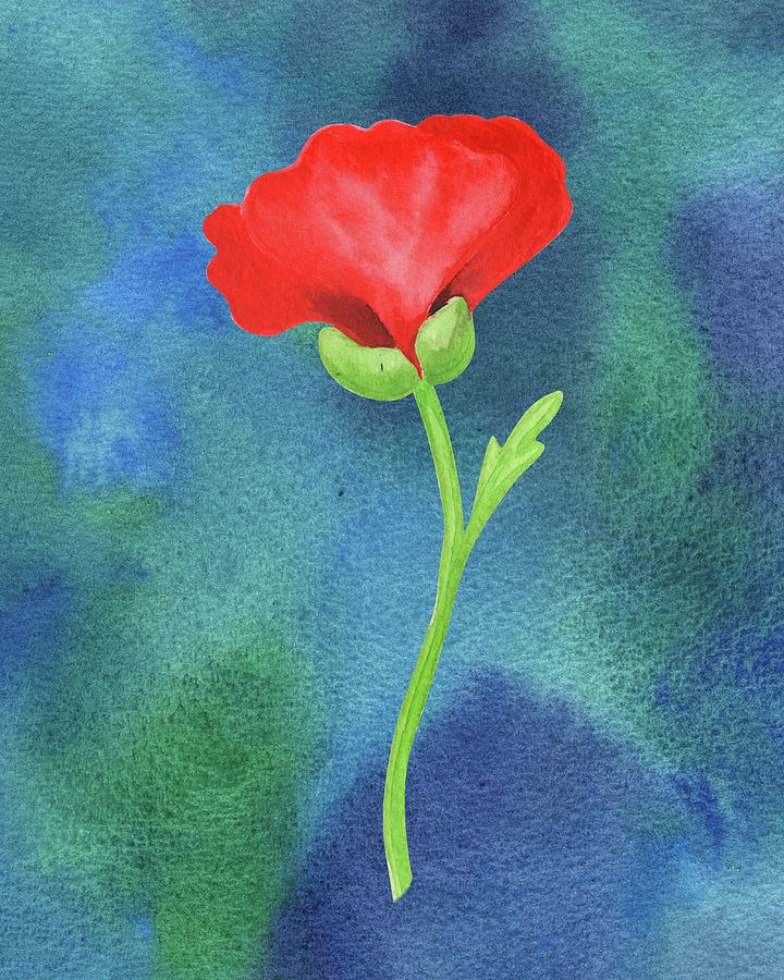 Bright Beautiful Red Poppy Flower Happy Wildflower On Blue Watercolor II Painting by Irina Sztukowski