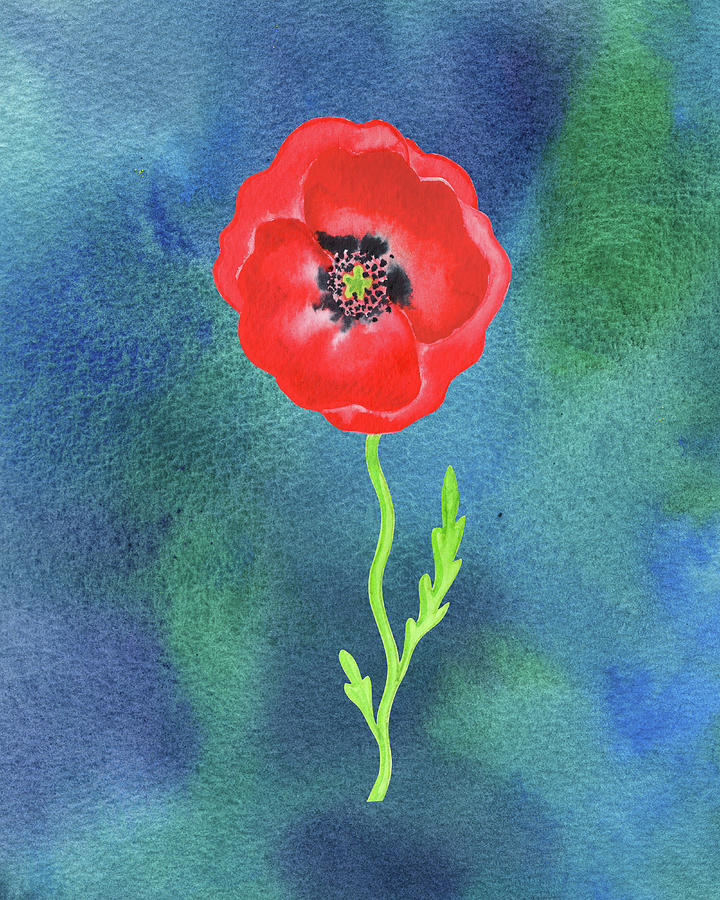 Bright Beautiful Red Poppy Flower Happy Wildflower On Blue Watercolor III Painting by Irina Sztukowski