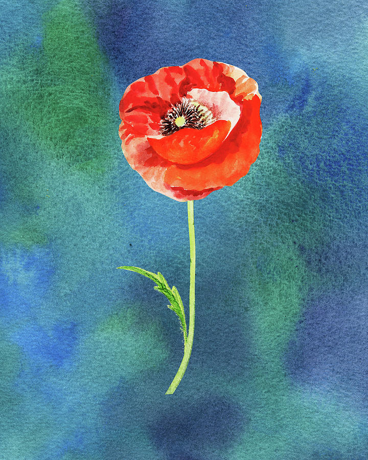 Bright Beautiful Red Poppy Flower Happy Wildflower On Blue Watercolor IV Painting by Irina Sztukowski