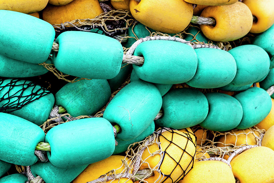 Bright Blue and Yellow Fishing Net Floats Photograph by Carol Leigh