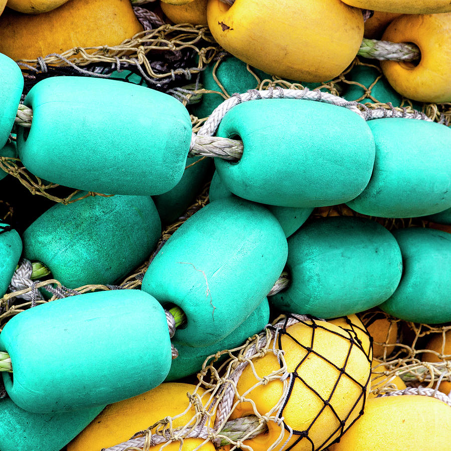 Bright Blue and Yellow Fishing Net Floats Square Photograph by Carol Leigh