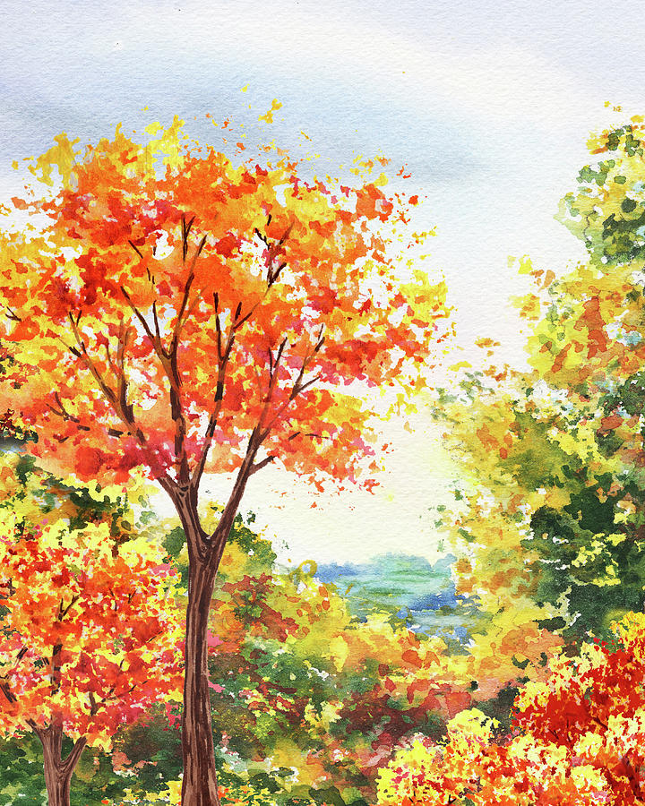 Bright Colorful Fall Vivid Watercolor Landscape Painting By Irina Sztukowski