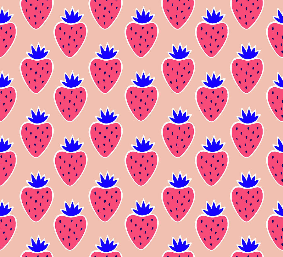 Bright Colourful Abstract Strawberry Seamless Pattern On Peach Background Drawing