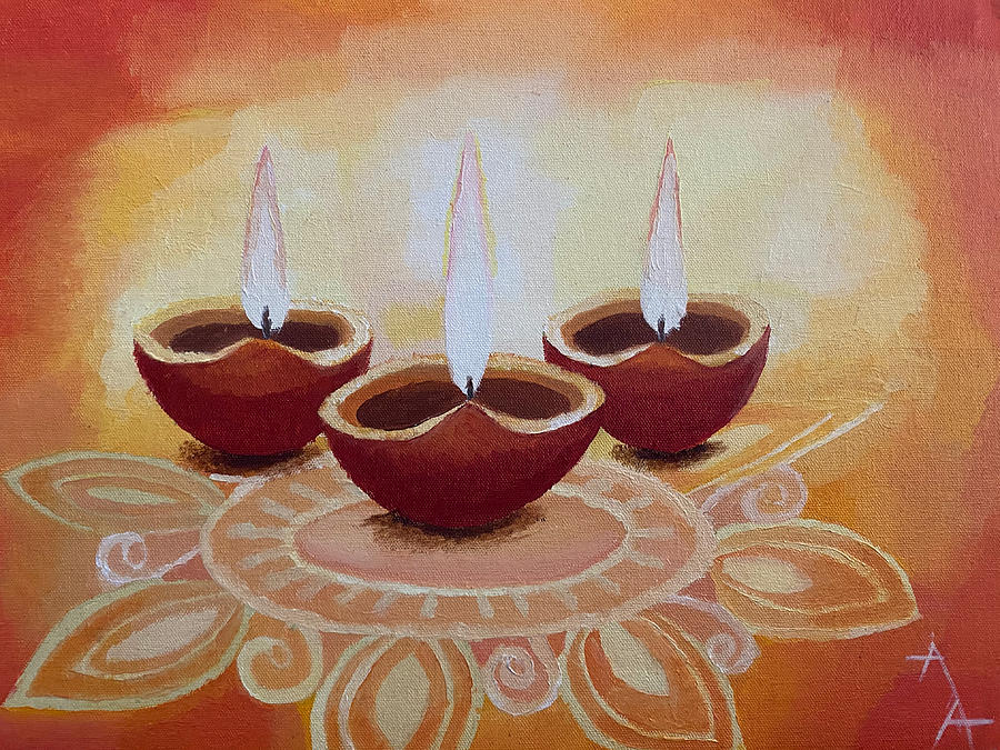 Bright earthen lamps Painting by Anubha Agrawal - Fine Art America