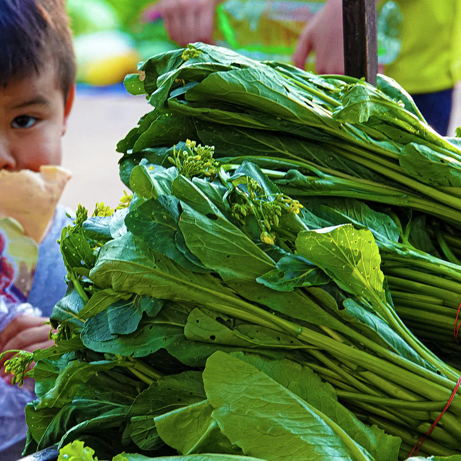 Bright green vegetable leaves and small child eating Photograph by Jeremy Holton
