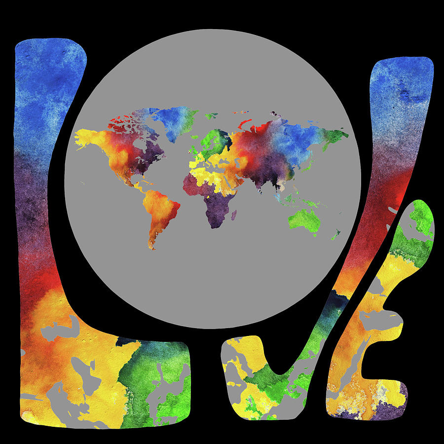 Bright Happy Rainbow Watercolor World Map Silhouette Love Word Painting by Irina Sztukowski