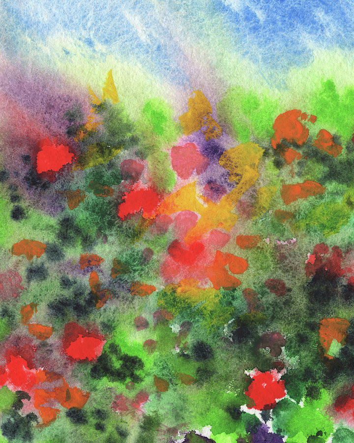 Bright Happy Summer Splashes Abstract Watercolor Flowers Field Painting