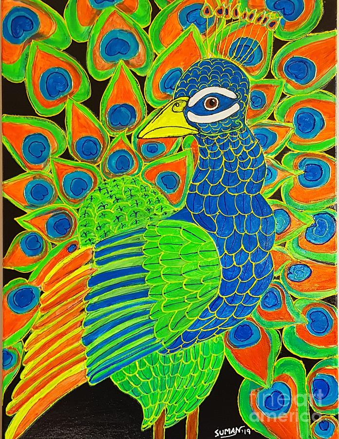 Bright Neon Peacock Painting By Suman Kamath - Fine Art America