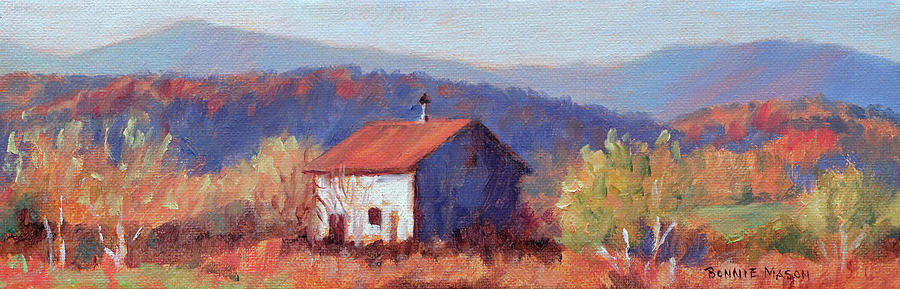 Bright October - Old Barn with Blue Ridge Mountains in Autumn Painting by Bonnie Mason