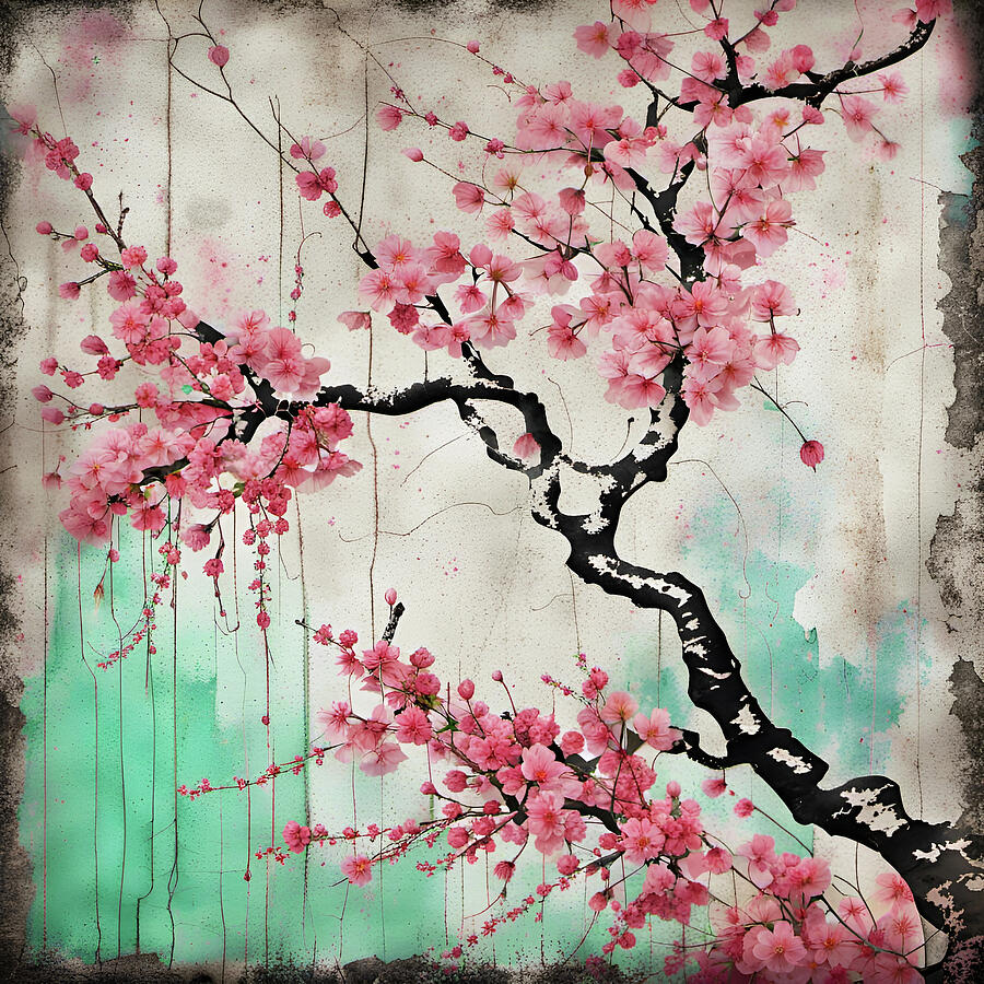 Bright Pink Cherry Blossoms Street Art Style on Distressed Green Background Digital Art by Freddy B Bright Pink Cherry Blossoms Street Art Style on Distressed Green Background Digital Art by Freddy B