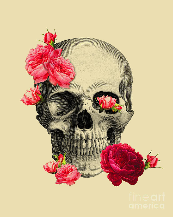 Rose Digital Art - Bright Pink Floral Skull by Madame Memento