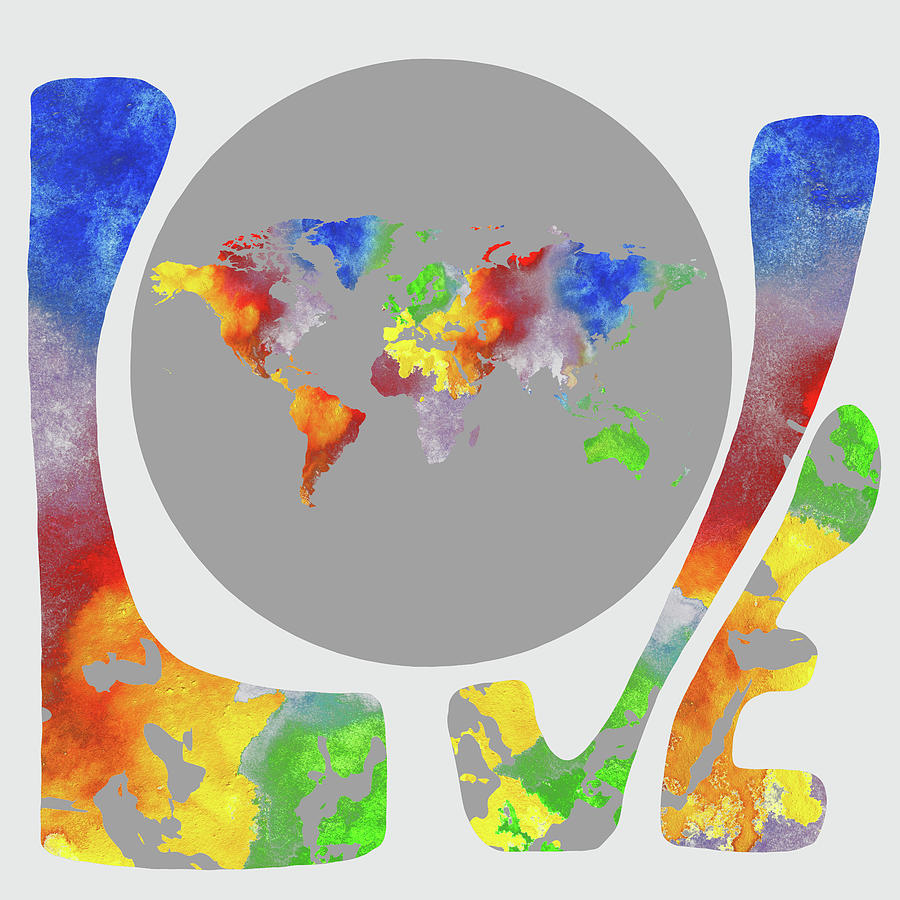 Bright Rainbow World Map Watercolor Silhouette Love Word  Painting by Irina Sztukowski