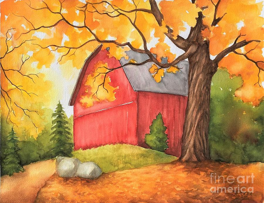 Bright red barn with maple tree Painting by Inese Poga