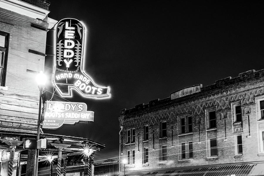 Bright Steps In The Fort Worth Stockyards - Cowboy Boots Neon Light In Black And White Photograph by Gregory Ballos