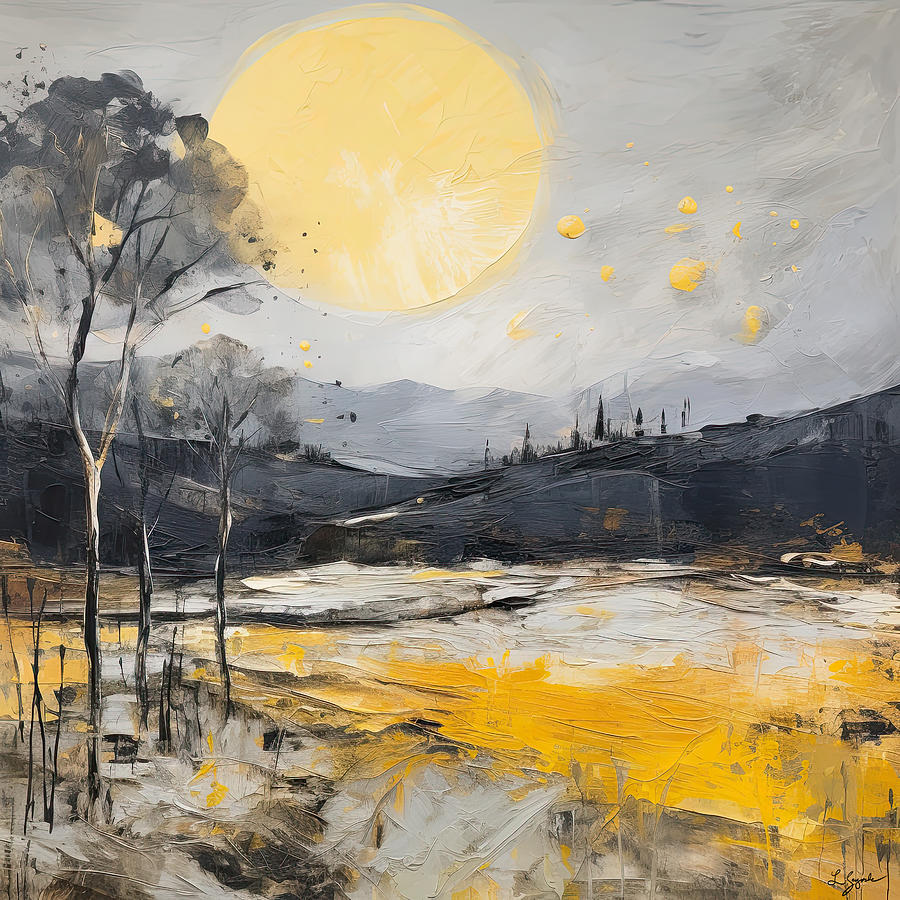 Bright Yellow and Dark Gray Moonlit Landscapes Painting by Lourry Legarde