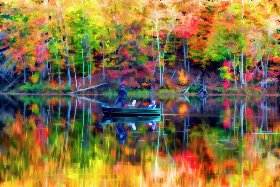 Brilliant colors surrounding fishing boat in the Fall   paintography Photograph by Dan Friend