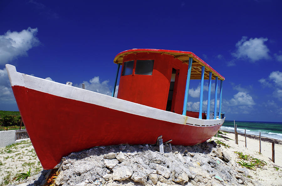 Brilliant Red Boat on Cozumel Beach Photograph by Peter Herman