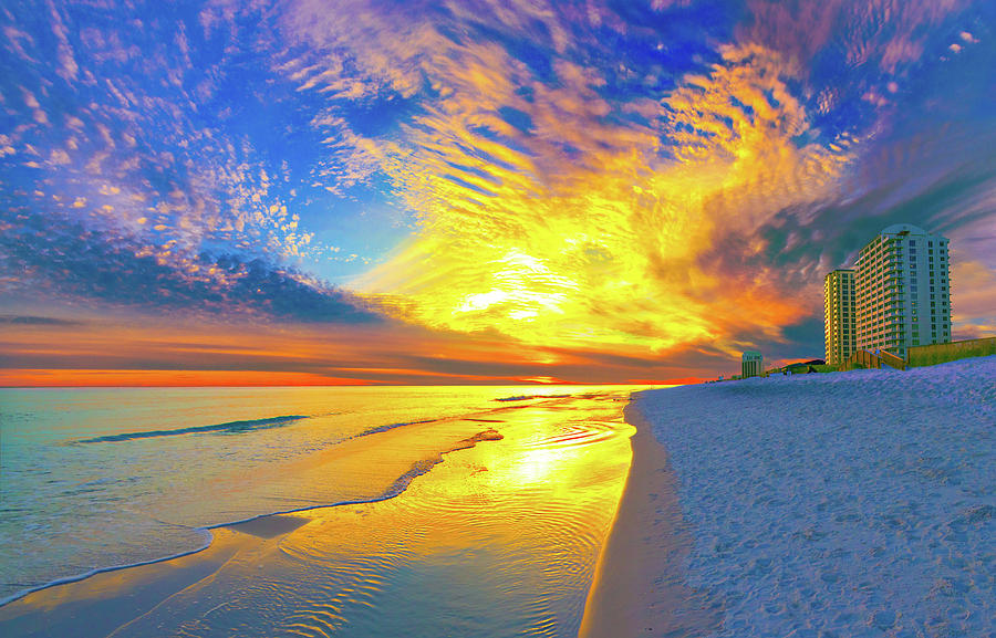 Brilliant Yellow Blue Sunset Reflected Navarre Beach Condos Photograph by Eszra Tanner