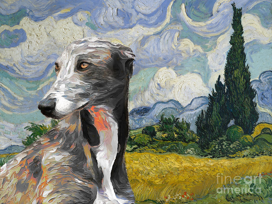 Dog Painting - Brindle Greyhound Van Gogh Art Wheat Field with Cypresses by Sandra Sij