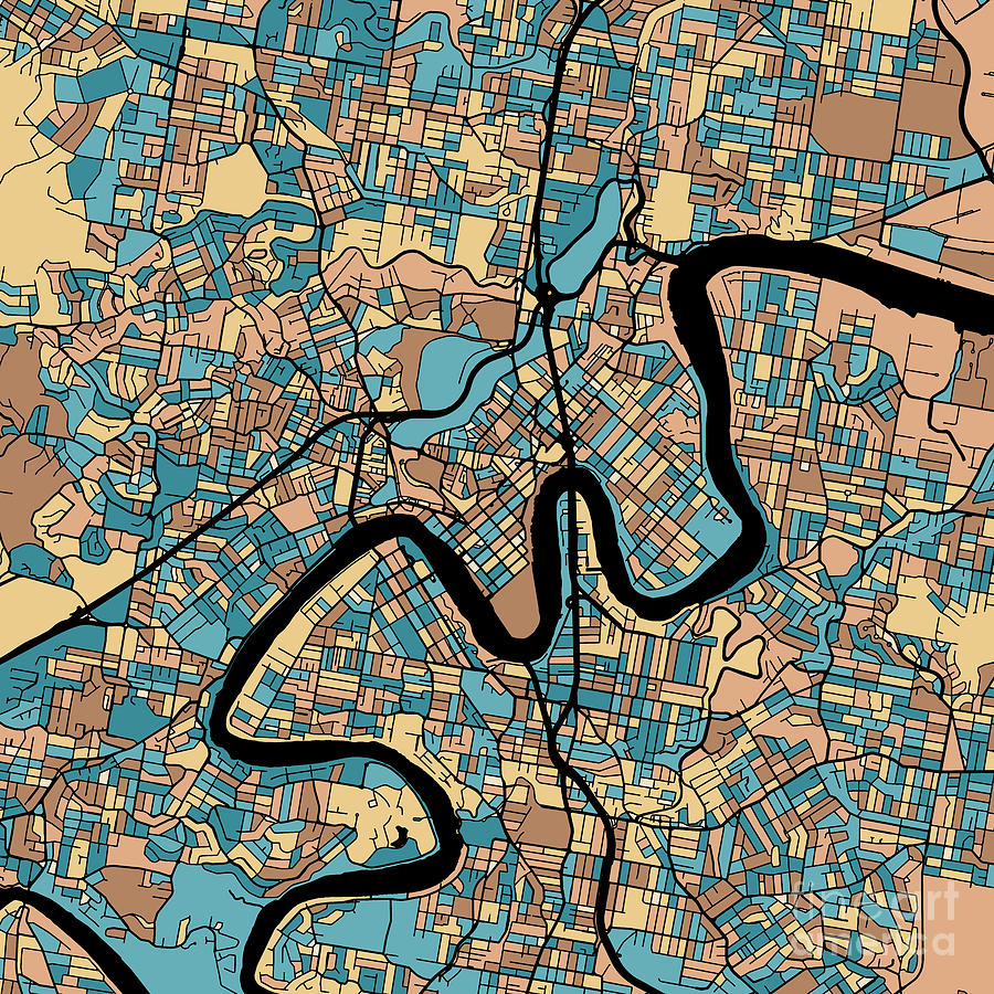 Brisbane Australia Map In Mid Century Pastel Digital Art By Pattern   Brisbane Australia Map In Mid Century Pastel Pattern Maps 