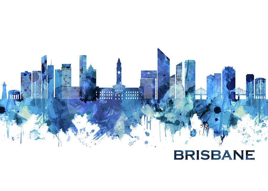 Brisbane Australia Skyline Blue Mixed Media