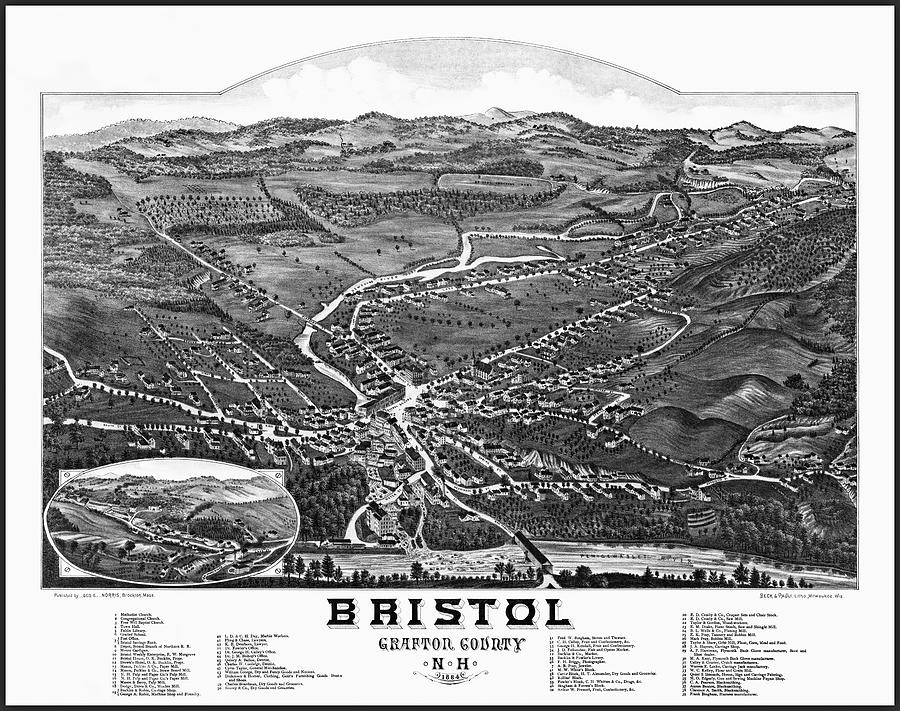 Vintage Photograph - Bristol New Hampshire Vintage Map Birds Eye View 1884 Black and White by Carol Japp