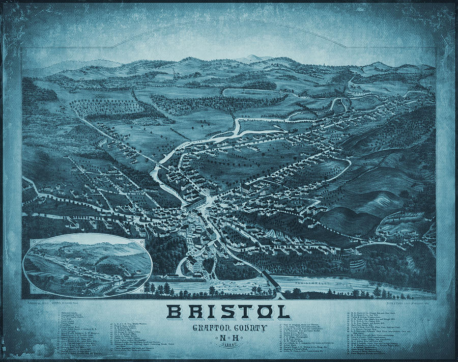 Vintage Photograph - Bristol New Hampshire Vintage Map Birds Eye View 1884 Blue by Carol Japp