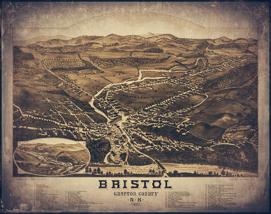Vintage Photograph - Bristol New Hampshire Vintage Map Birds Eye View 1884 Sepia by Carol Japp