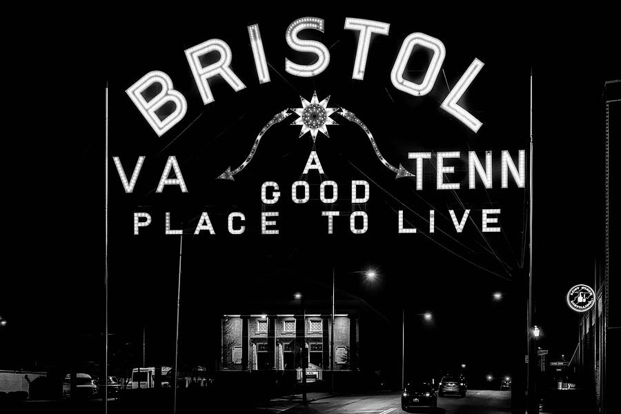 Bristol VA Tenn Slogan Sign Black and White Photograph by Sharon Popek