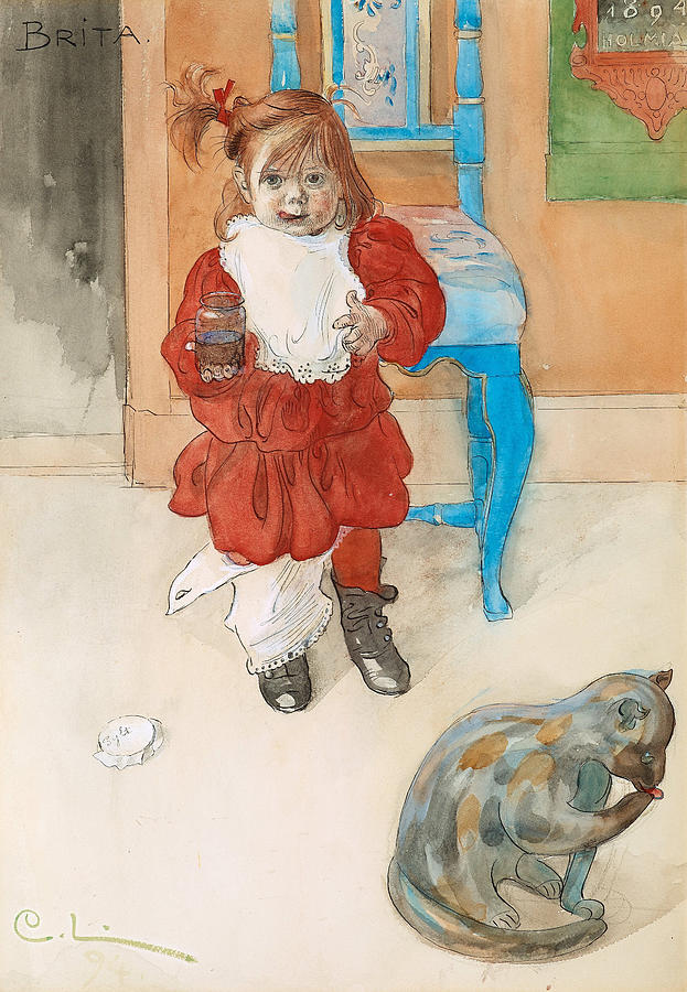 Brita with the confectionery jar Drawing by Carl Larsson