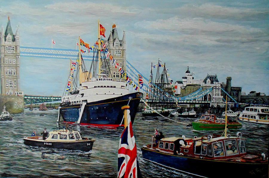 Britannnia And Tower Bridge The Silver Jubilee 1977 Painting by Mackenzie Moulton