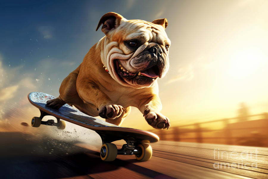British bulldog rides a skateboard down the street on a sunny afternoon. Fun depiction of a dog playing. Digital Art by Jane Rix