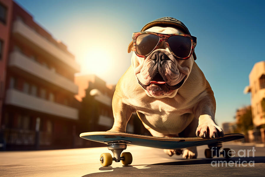 British bulldog wearing a hat and sunglasses, riding on a skateboard. Street with summer sunshine background. Digital illustration. Digital Art by Jane Rix