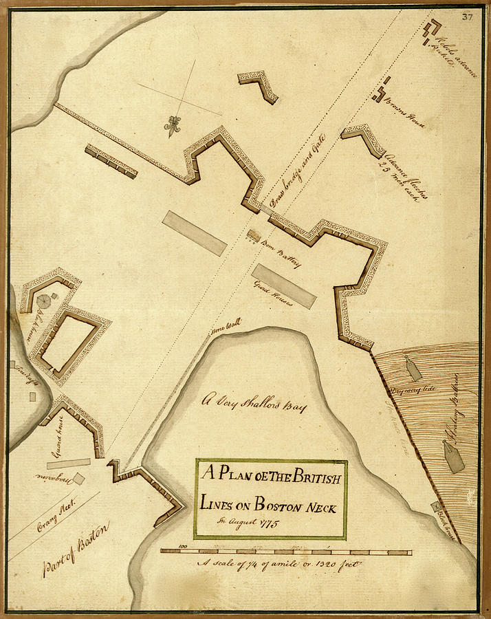 Map Drawing - British Lines on Boston Neck Bunker Hill 1775 by Vintage Military Maps