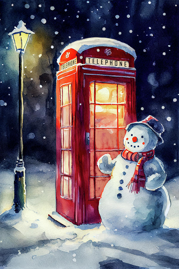 British Phone Box And Snowman At Night Digital Art by Mark Tisdale