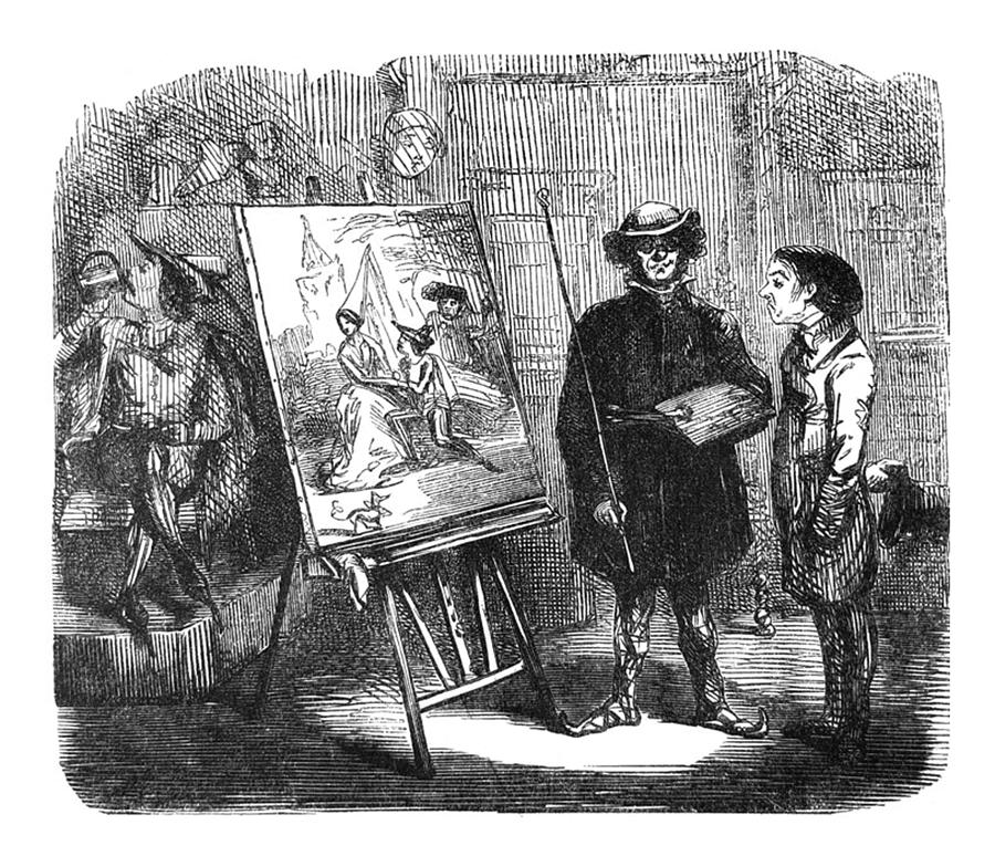 British satire comic cartoon caricatures illustrations - Artist and patron looking at a painting on an easle Drawing by Campwillowlake