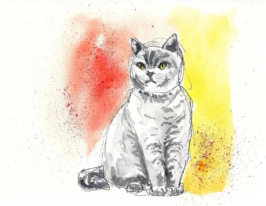British Shorthair Cat In Yellow Painting