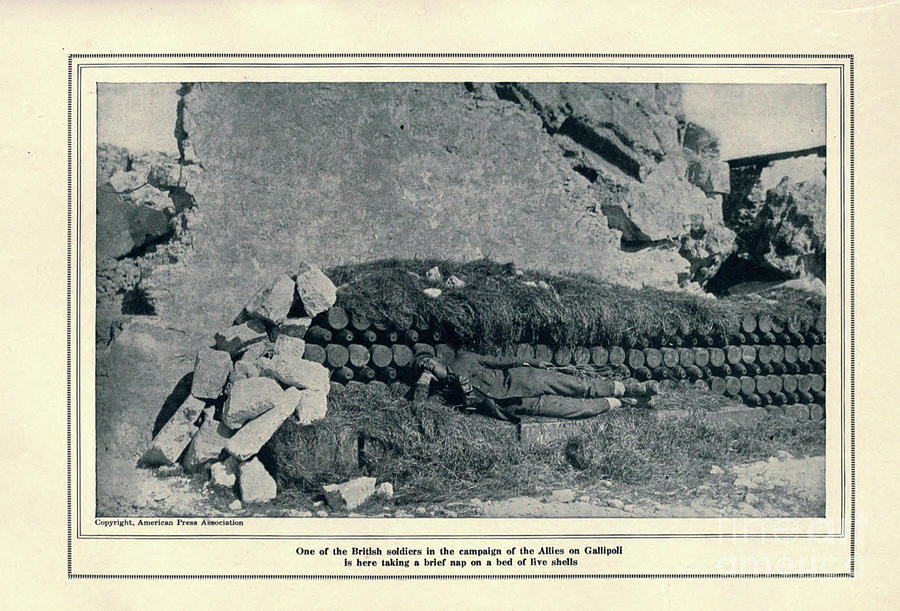 BRITISH SOLDIER IN GALLIPOLI RESTING ON LIVE SHELLS k5 Photograph by Historic Illustrations